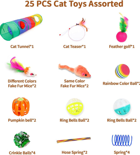 Cat Toys for Indoor Cats Interactive, 25 Assorted Cat Stuff Toys Pack Including Crinkle Tunnel Ball Wand Teaser Feather Mouse Mice Spring Assortment Kit for Cats Kittens Rabbits Puppies