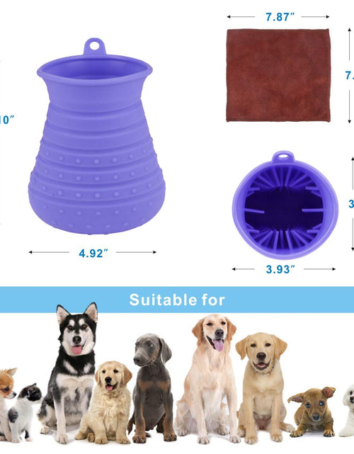 Load image into Gallery viewer, Dog Paw Cleaner Cup with Towel Pet Foot Washer Protable Dogs Cleaning Brush for Puppy Cats Massage Grooming Dirty Claws (Purple)
