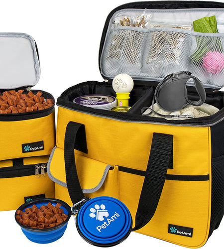 Dog Travel Bag | Airline Approved Tote Organizer with Multi-Function Pockets, Food Container Bag and Collapsible Bowl | Perfect Weekend Pet Travel Set for Dog, Cat (Yellow, Small)