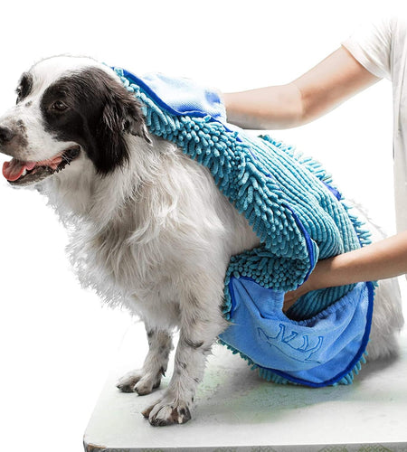 Quick Dry Towel for Dogs | Ultra Absorbent Microfiber Shammy | Extra Large 35X15 Size for All Breeds | Comfortable Hand Pockets | Indoor Outdoor Use | Durable Material | Machine Washable