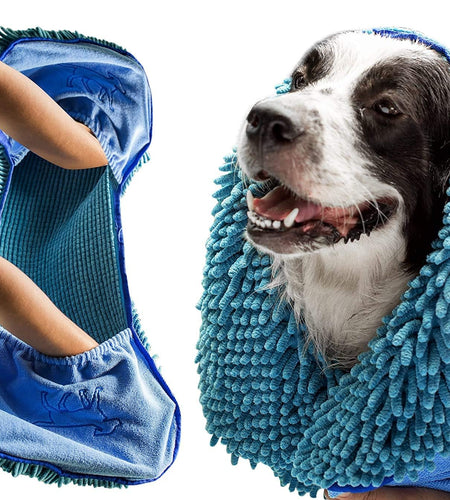 Quick Dry Towel for Dogs | Ultra Absorbent Microfiber Shammy | Extra Large 35X15 Size for All Breeds | Comfortable Hand Pockets | Indoor Outdoor Use | Durable Material | Machine Washable