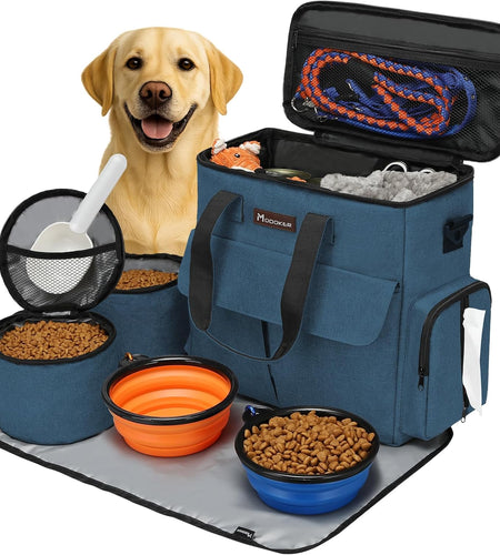 Dog Travel Bag Dog Travel Kit for a Weekend Away Set Includes Pet Travel Bag Organizer for Accessories, 2 Collapsible Dog Bowls, 2 Travel Dog Food Container (Black)